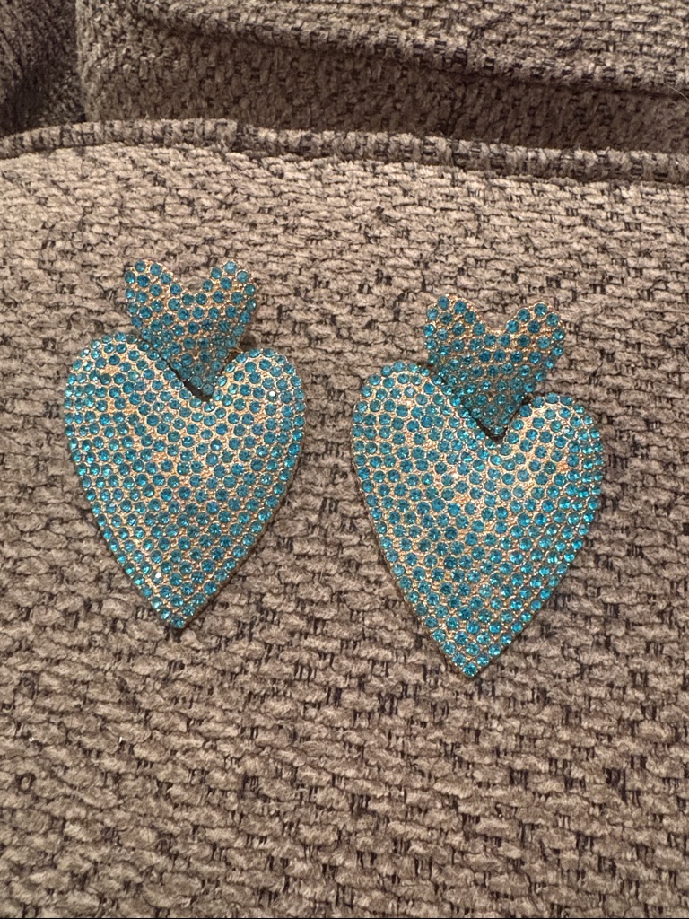 2 Pair Sparkling Aqua Crystal Heart & Leaf Earrings